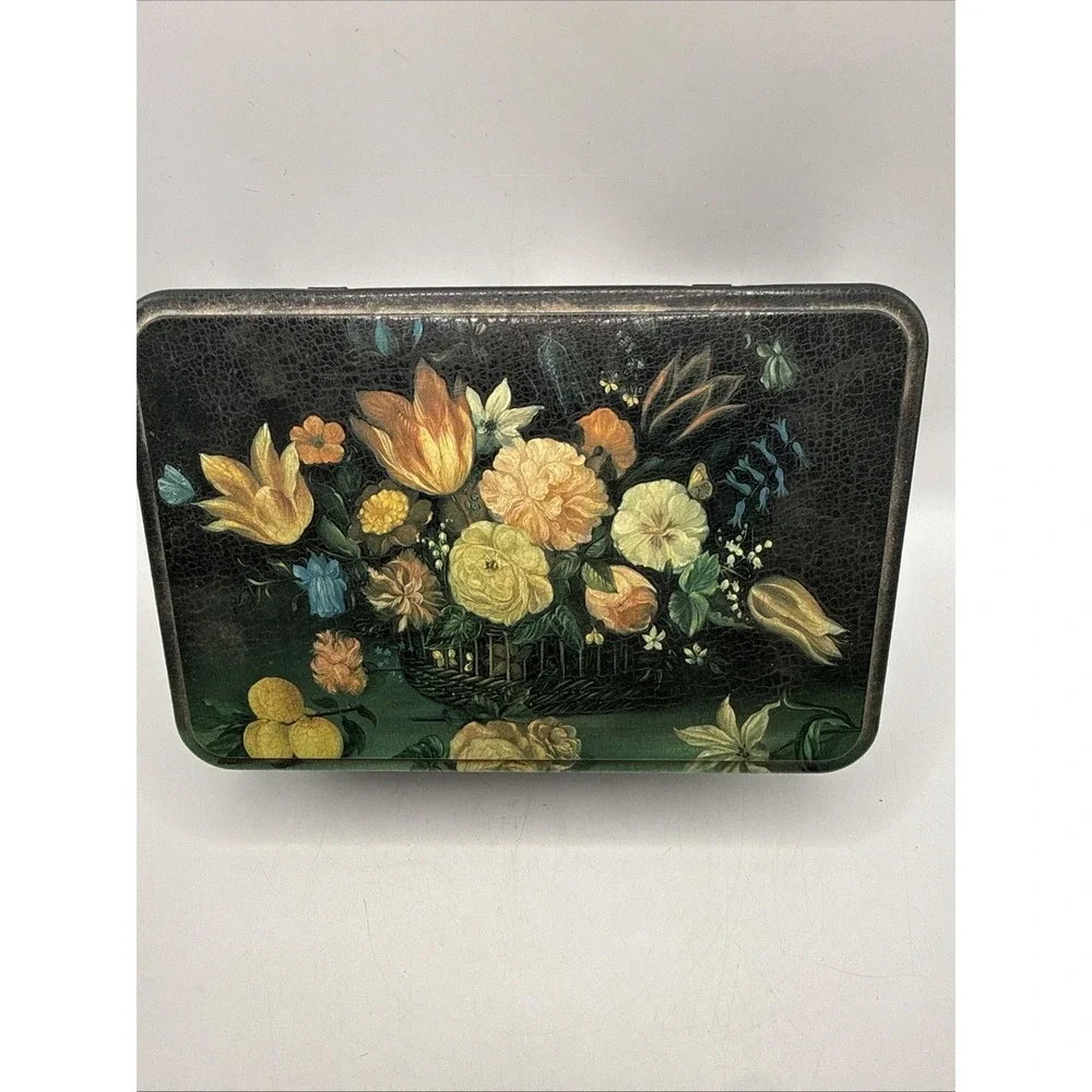 Massilly France Decorative Collectible Tin w/Hinged Lid Black w/Flowers & Fruit